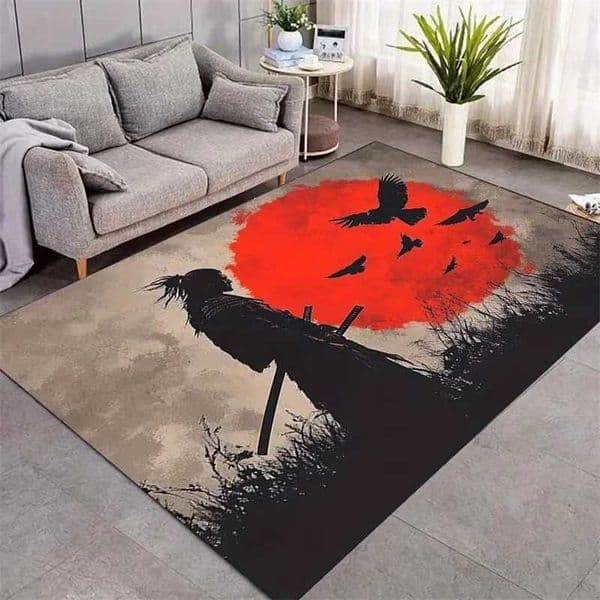 Red Sun Crow and Japanese Samurai Carpet in Ink Painting Mat for Living Room Bedroom Porch Office Coffee Table Home DecorativeJ260525