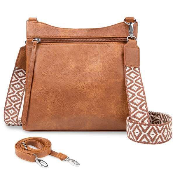 Women's bag, with two adjustable shoulder straps, multi-pocket design, compact crossbody handbag - brown
