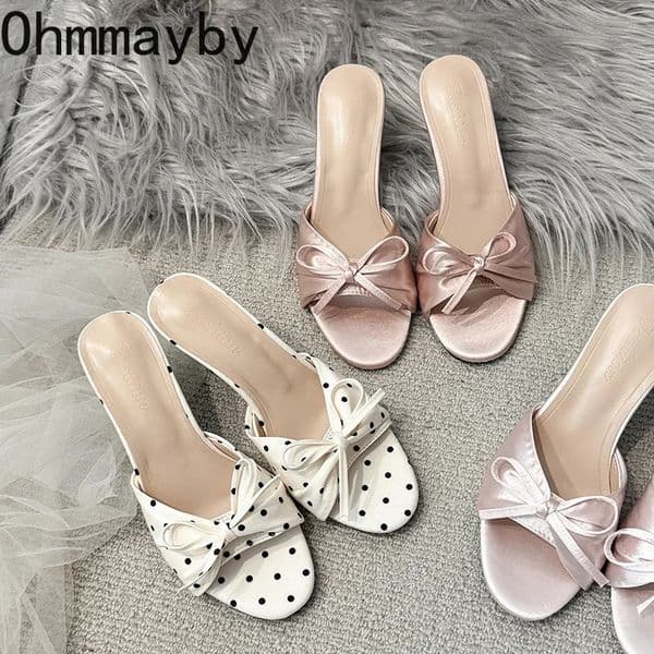 Street Style Satin Butterflyknot Women Slippers Fashion Polka Dot Party Dress Slides Summer Elegant High Heels Striptease Shoes 260525