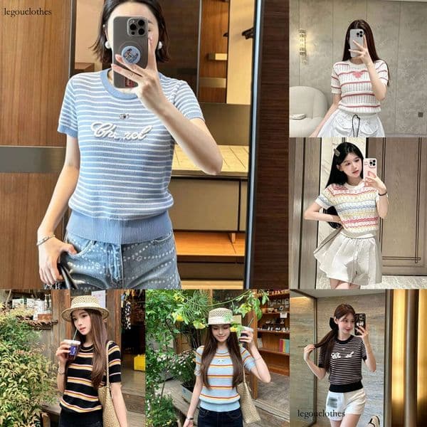 Womens European Style Knit Stripe T Shirt With Elegant Brand Letters Luxe Casual Design For Warm Summers Knitted Designer Sweater Women Luxury