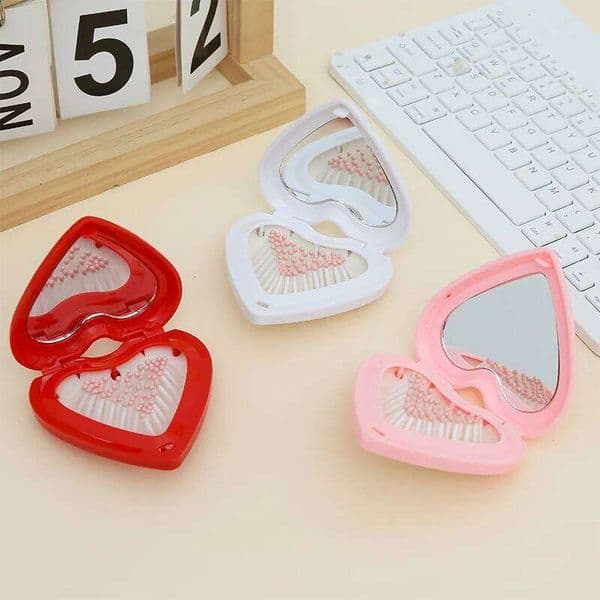 1 pink folding mirror with air cushion and stand - portable makeup mirror, heart-shaped base, Valentine's Day gift W260525