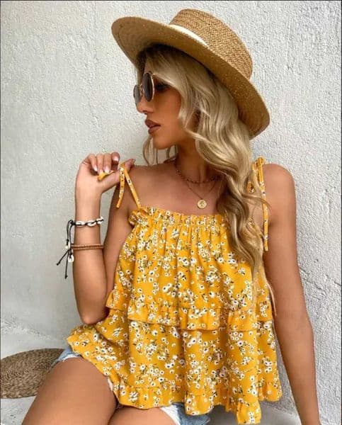 Summer womens loose casual sleeveless camisole printed double-layered lotus leaf hem topT260525