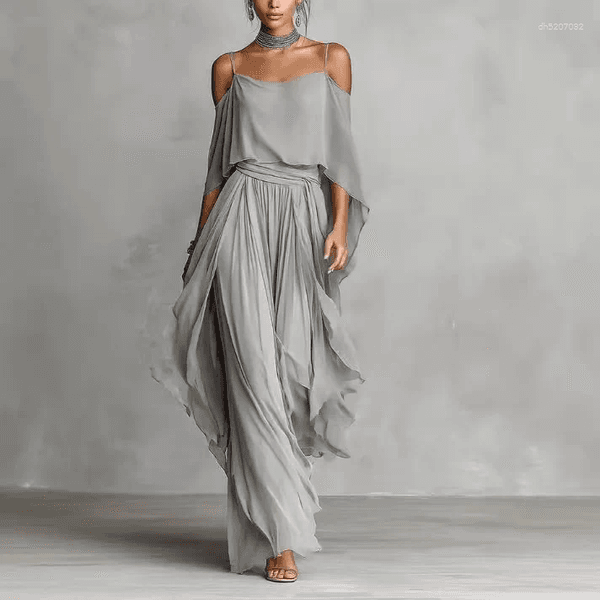 Casual Dresses Solid Color Chiffon Two Piece Set Women Off Shoulder Top & Long Wide Leg Pants Ladies Elegant Party Suits Outfits