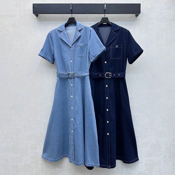 Women Trendy Denim Long Dress Single Breasted Lapel Belt Vacation Maxi Dress Summer Elegant Outdoor Jean Dress