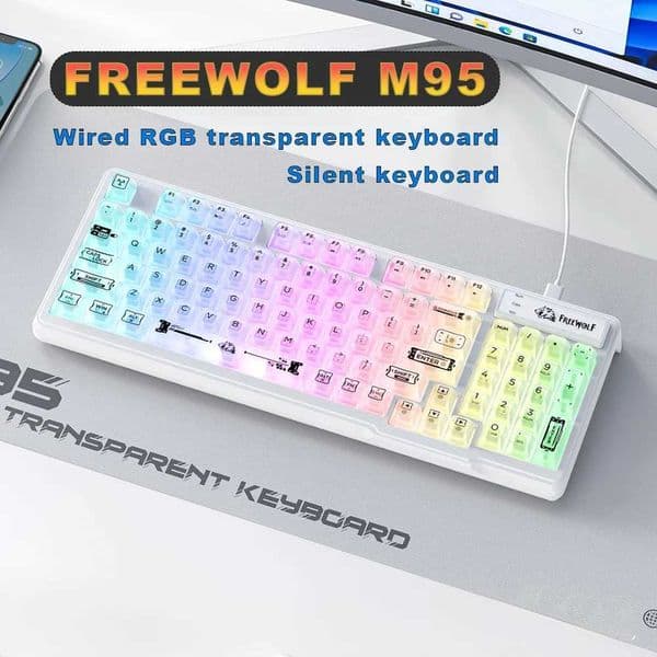 FREEWOLF M95 Silent Gaming Keyboard Wired Transparent RGB Lighting Membrane Keyboard Compact Ergonomic for Gaming Laptop Pc Z260525