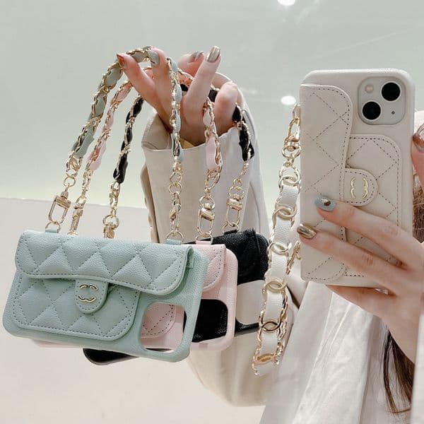 Designer Caviar Leather Cross body Phone Cases for iPhone 17 Pro Max 16 Pro Max 15 14 13 12 11Plus Case Card Holder Luxury Handbag Wallet Case Chain Lanyard C_C-style