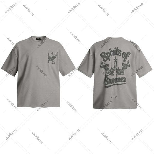 Design Men "Spirits of Summer" Graphic T-Shirt, Grey Oversized Fit With Eagle Print, Casual Cotton Blend Streetwear Tee
