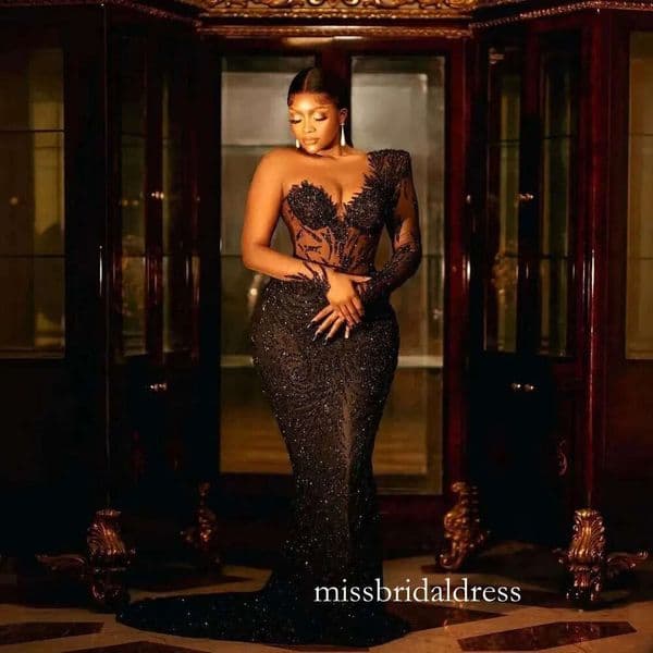 Neck Sexy V Mermaid Black Sequin Formal Evening Gown With Sheer Long Sleeves African Women Prom Dress Mb525