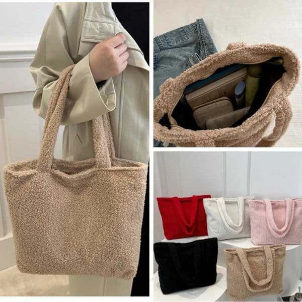 Womens Imitation Lamb Wool Tote Bag Large Capacity Solid Color Shoulder Bag Zipper Opening Suitable for Autumn and Winter PlushZHR260525