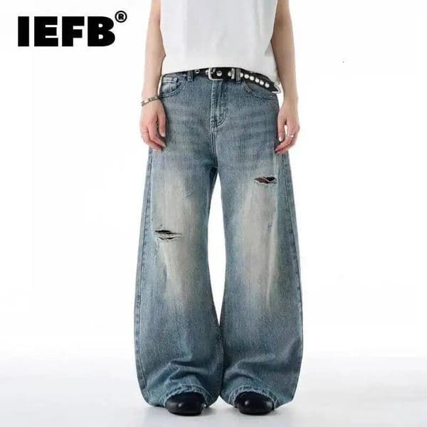 IEFB American Style Mens Denim Pants Washing Wornout Holes n Vintage Curved Knife Jeans Wide Leg Male Trousers 9W3501 260521