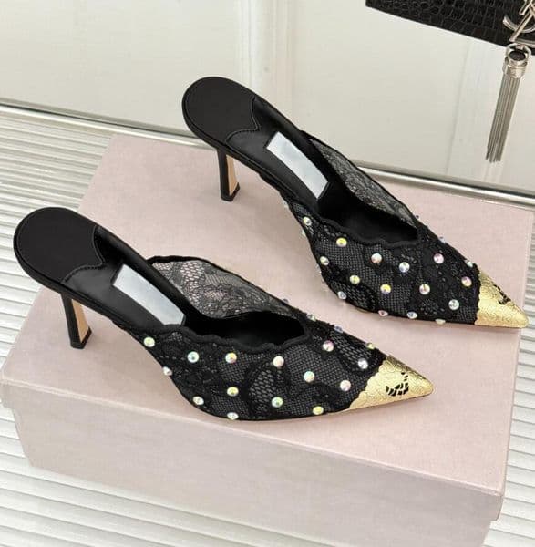 26S Famous Women Diamond lace metal toe high-heeled slippers made leather mules High Heels Sandals Casual Party Wedding 34-42 Original Box