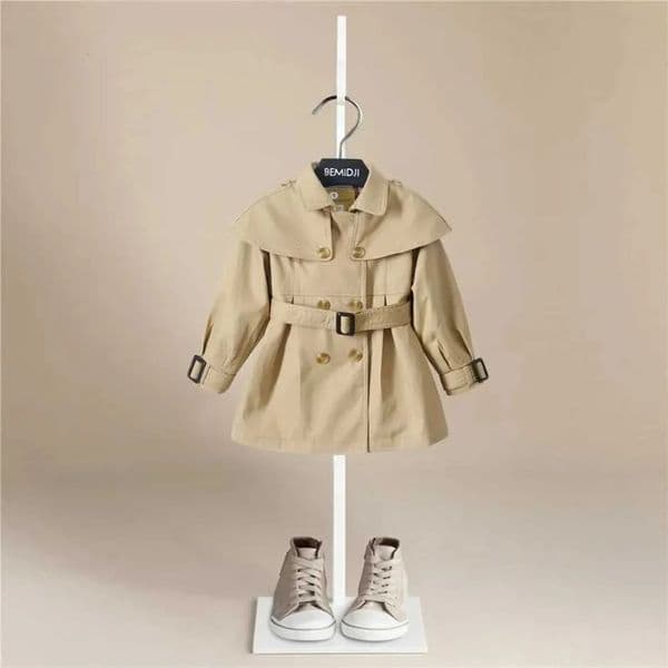 2026 New Preschool Girl Autumn Winter Trench Coat Baby Solid Jacket Korean Double-Layer Belt Long Sleeved Designer