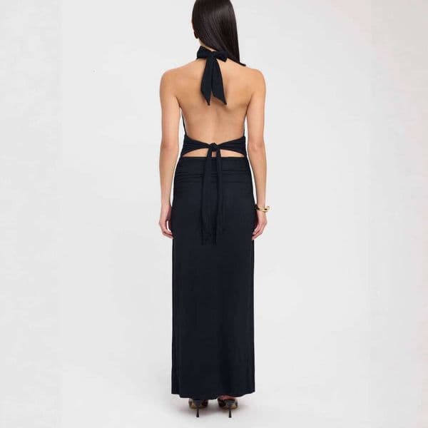 Summer new European and American cross-border sexy halter neck deep V tie-back open-back slim-fit slit solid color long dress