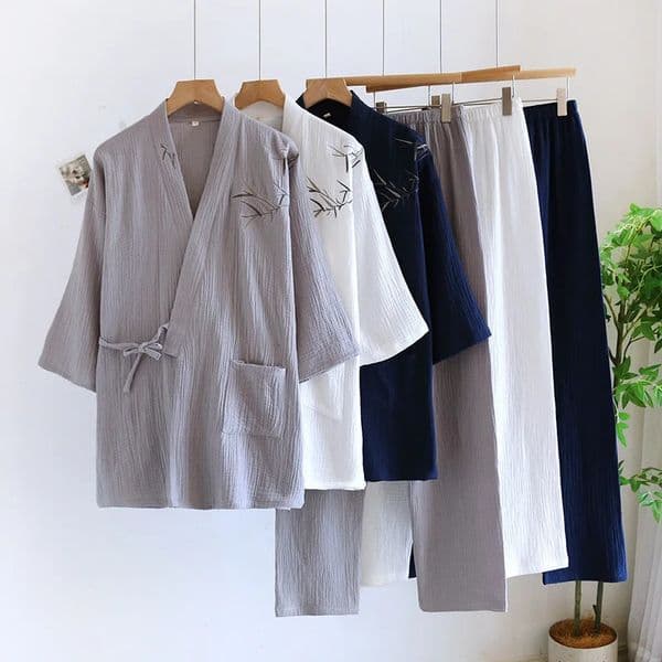 Embroidery Lace Up Kimono Robes with Long Pants 2 Pcs Pajamas Set for Mens Cotton Thin Large Size Pijama Masculino 260522