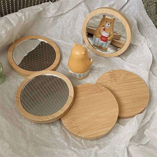 Mini Wooden Portable Small Round Student Makeup Women Cosmetic Mirror Lady Travel Pocket Beauty Tool W260525