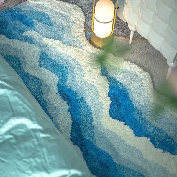 Aesthetic Wave Tufted Rug Soft Non-Slip Bathroom Carpet Creative Ocean Sea Flocking Mat for Living Room Bedside Decor