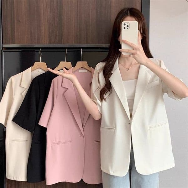 White Short-sleeved Blazer Jacket Women Summer Chic Single Button Notched Collar Outwear Ladies Korean Loose Office Suit Coat 260520