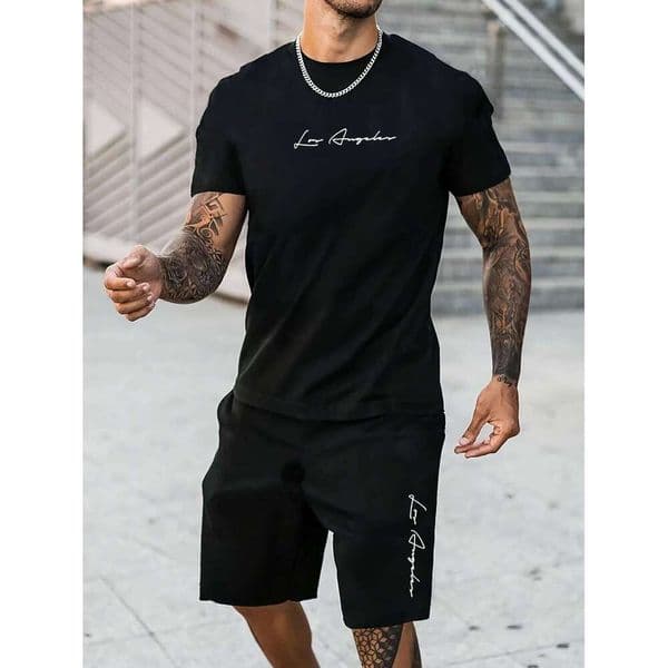 Men's 100 cotton T-shirt casual oversized set, Los Angeles letter pattern print, lightweight and breathable texture 26Y0525