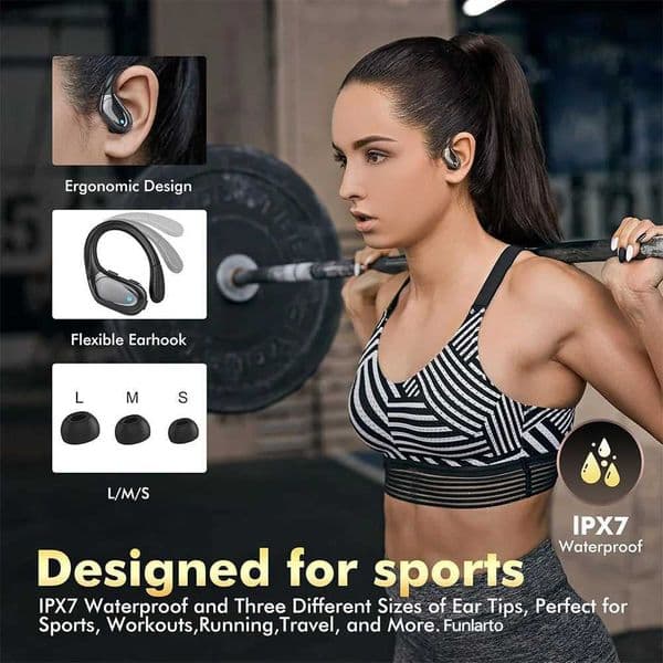 Funlarto Wireless Headphones Sport Bluetooth Earphones IPX7 Waterproof Earbuds 75 Hrs Battery with Mic LED Power Display for Gym T2605250NWA