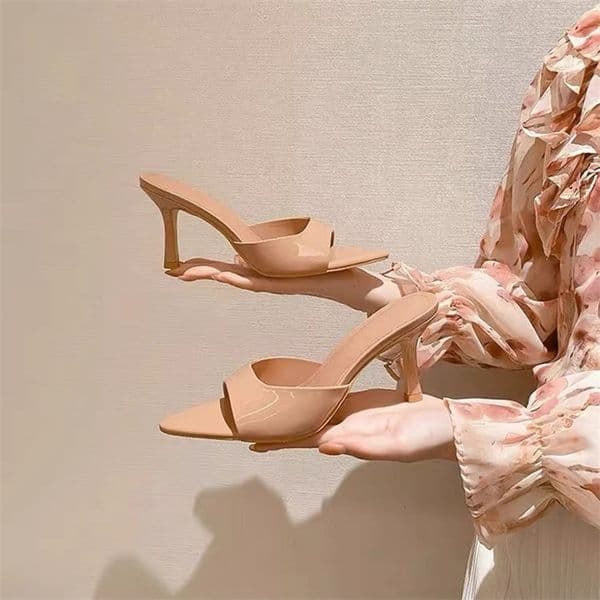 pointed open toe high heels outdoor slides ladies party shoes japanned leather sandalias mujer sexy flip flops 260522