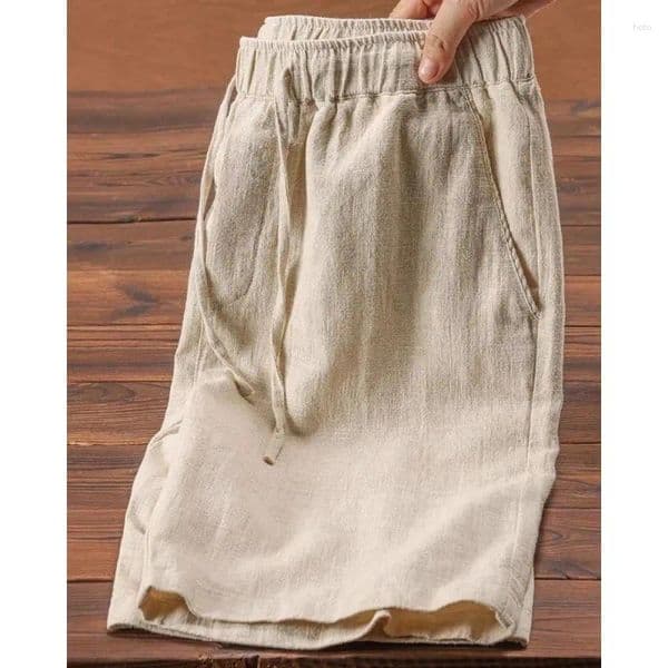 Men's Shorts Cotton And Linen Pants Men Summer Pure Five Quarter Casual Mid Khaki