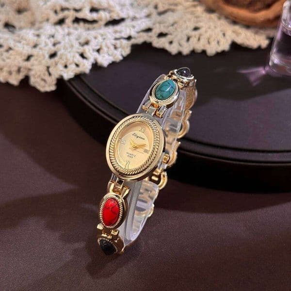 Colorful Turquoise Ladies Wristwatch Bracelet New Popular Luxury Vintage Stone Embedded Elegance Quartz Watch for Women J260522