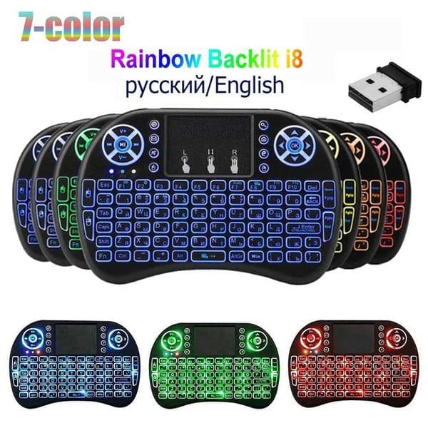 I8 Mini Wireless Keyboard 24G Bluetooth 7 Color Backlit English Russian Air Mouse Remote Touchpad For Android TV Box PC Laptop Z260525