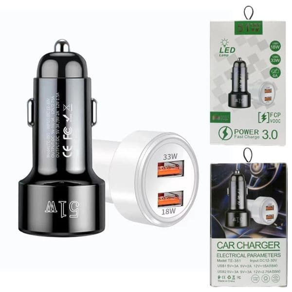 QC4.0 51W Car Charger Dual USB Port Quick Charge Phone Fast Charging Travel Power Adapter For iphone 17 16 15 14 Samsung S26 S25 Huawei Xiaomi Tablet Gaming MP3