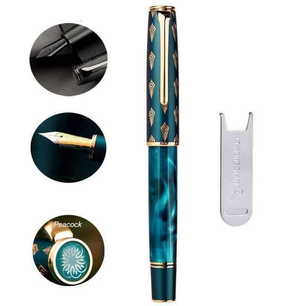 Hongdian N7 Resin Piston Fountain Beautiful Green / Gray Peacock Totem Cap EF/F 0.4/0.5mm Smooth Writing Office Gift Ink Pen 26Y0525