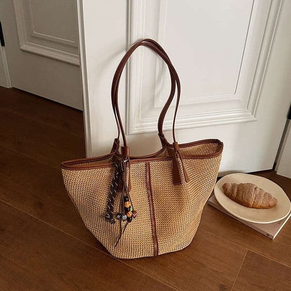 French-Style Straw Tote For Women, 2026 New Summer Fashion Versatile Shoulder Bag, Simple Large-Capacity Beach Bag Handbag Shoulder Bag Fashion Woven Bag