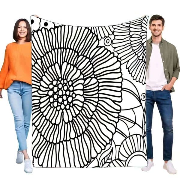 Creative DIY Coloring Blanket, Black White Mandala Floral Soft Cozy Throw for Adults & Kids, Stress Relief Unique Home Decor Gif W260525