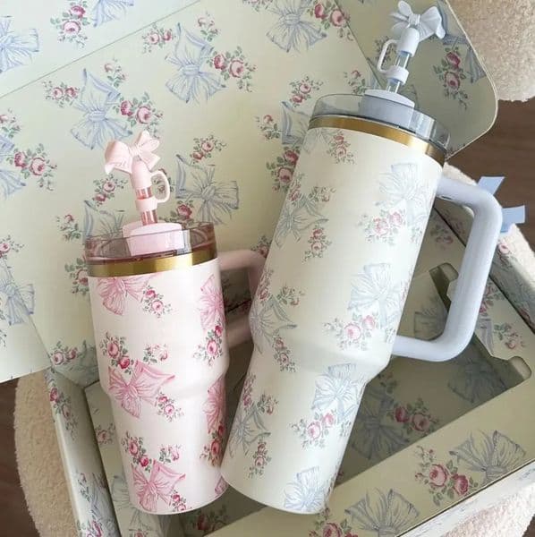 Luxury Designer Decor DHL 40 OZ Blue Magnolia Pink Rose Early Lilac Floral Cups With Bow Topper Stainless Steel Tumblers With Handle room Li 6 18
