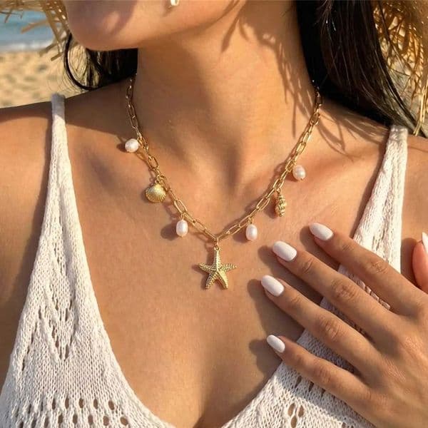 Boho Metal Starfish Conch Pendant Necklace For Women Imitation Pearl Fishtail Coconut Tree Turtle Chain Choker Beach Jewelry Z260525