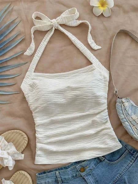 Wave Pattern Solid Color Halter Crop Top for Women Summer Sexy Ruched Waist Backless Cami Top Tank Top Streetwear Y2k ClothesT260525