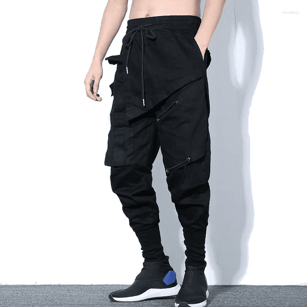 Men's Pants Tactical Functional Cargo Trousers Men Hip Hop Streetwear Elastic Waist Joggers Irregular Multi-pocket Pant Black WB520