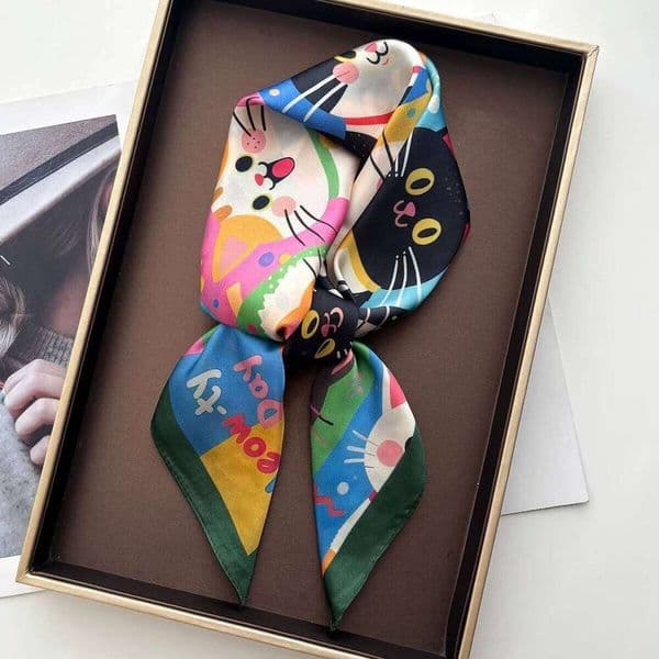 Imitation Silk Square Scarf Women Animal Cat Printed Fashion Accessories Hairband Foualrd Bandana Neckercheif W260525