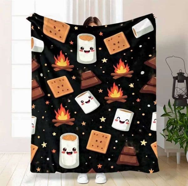 Cozy Flannel Blanket with Playful Campfire Smores Print Soft Lightweight 280gsm All-Season Throw Bed Couch Camping & Outdoor W260525