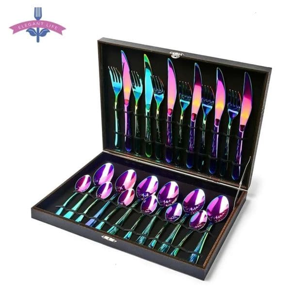 Luxury Designer Decor 24Pcs Tableware Flatware Set Non-Fading Cutlery Sets 18/10 Stainless Steel Dinnerware room Rainbow Dinner Kitchen Home 6 16 16