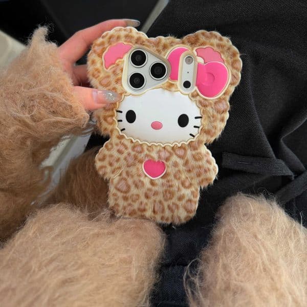 3D Cartoon Plush Leopard Print Hello Kitty Phone Case For 17 12 13 14 15 16 Pro Max 16 15 14 Plus16E Silicone Cover L260524