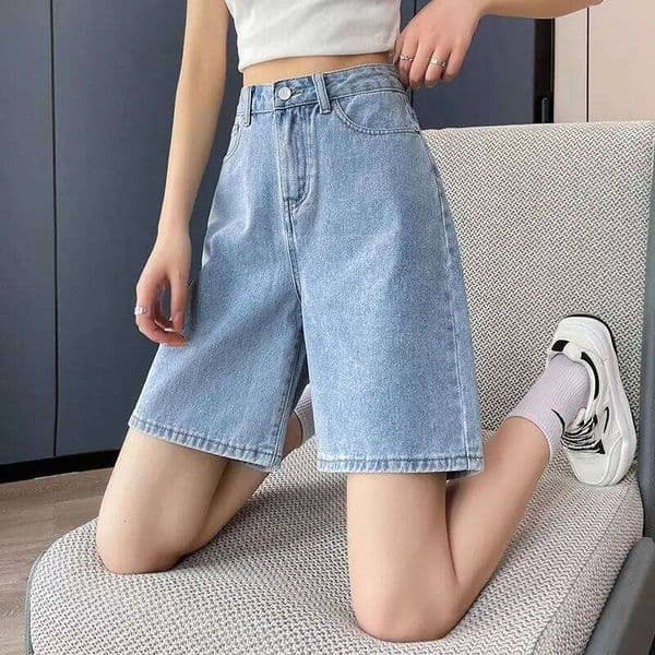 Summer Loose Wide Leg Denim Knee Length Pant Women American Vintage Slimming Straight Casual High Waist Streetwear Shorts