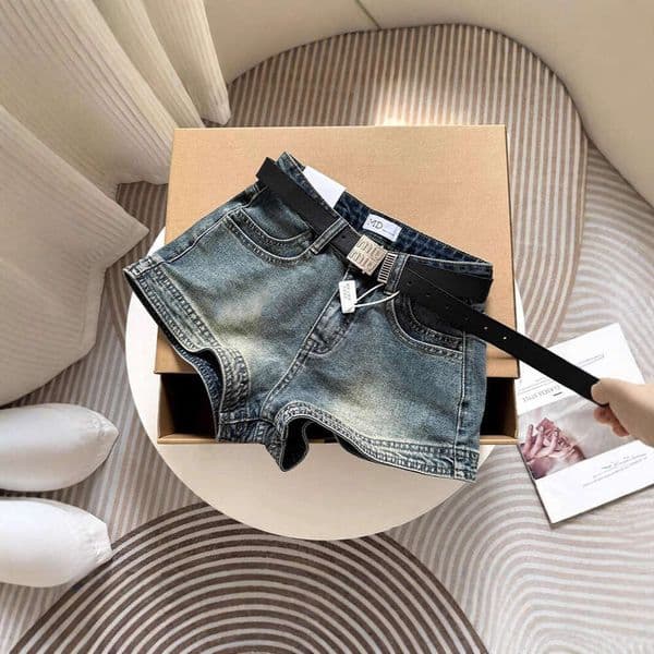Blue Gray High Waisted Vintage Stretch Denim Shorts Women New Summer A Line Slim Fit Hot Pants For Trendy Girls Luxury