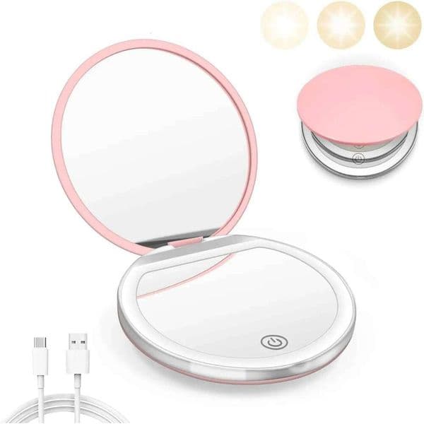 Compact LED with 1X/3X Magnification, USB Cable, Pink Portable Makeup Mirror for Travel and Gifts W260525