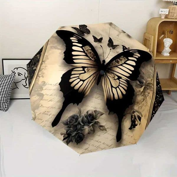 A Butterfly and Floral Patterned Umbrella - 8 Ribs Plastic Handle Auto Open/Closed Portable Sunshade Perfect for Halloween L260522