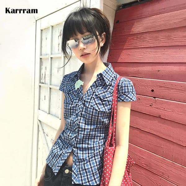 Karrram Japanese Y2k Plaid Shirt Vintage Harajuku Vneck Blouses Korean Fashion Women Short Sleeve Shirts 2000s American Retro 260516