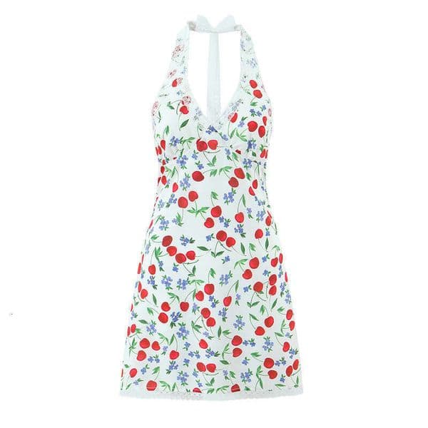 Luxury Purely Alluring Cherry Print Sexy V-Neck Lace Trim Halter Neck Tie Dress With A Cinched Waist Sweet And Spicy Short Skirt