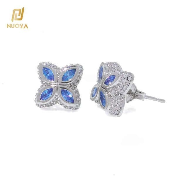 NUOYA Blue Four-Leaf Clover Women Hip Hop Jewelry Silver Plated Iced Out VVS Moissanite Customized Color Stud Earrings Gift
