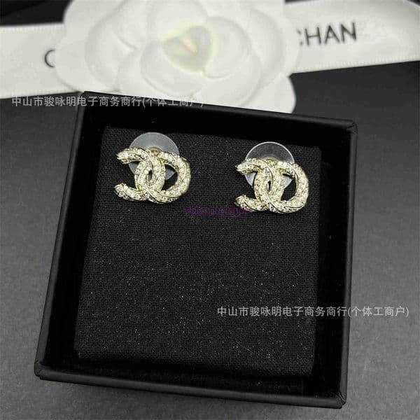 cc earrings for women double C letter inlaid full diamond stud earrings for women French minimalist style 925 silver needle earrings