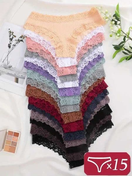 15Pcs Women Cotton Panties Sexy Lace Intimate Brazilian Underwear Solid Color Female Trendy Lace Briefs Female Soft UnderpantsT260525