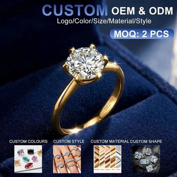 Wholesale Gold Jewelry 2ct 1ct 05ct 03ct Moissanite Diamond Woman Wedding Engagement Ring Hollow 18K 5D Gold Rings