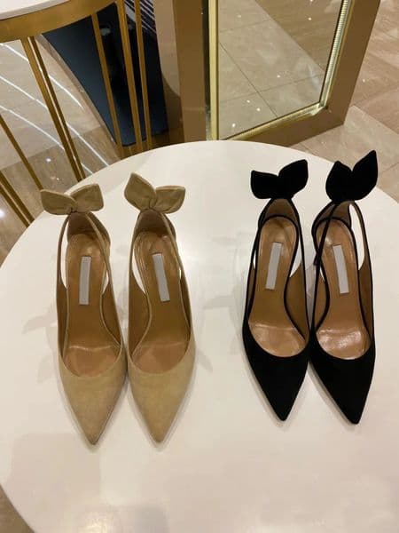 Woman pop heels sexy sandal pointed toe Bow Tie 105mm cutout leather pumps slingback wedding party dress pump black nude sude leather